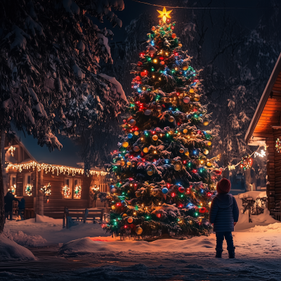 Colorful Christmas Tree on Winter Night