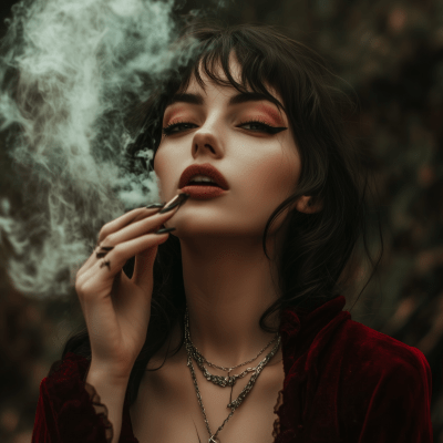 Brunette Vampire Woman Smoking Weed in Backwood