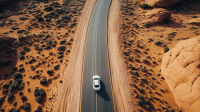 Aerial View of a Car on Desert Highway