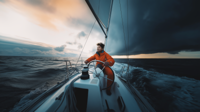 Confident Black woman steering sailboat in changing weather conditions