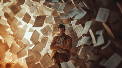 Confident man surrounded by floating pages