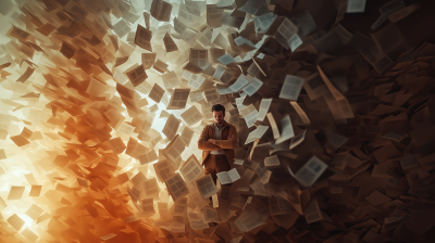 Confident Man Surrounded by Floating Pages