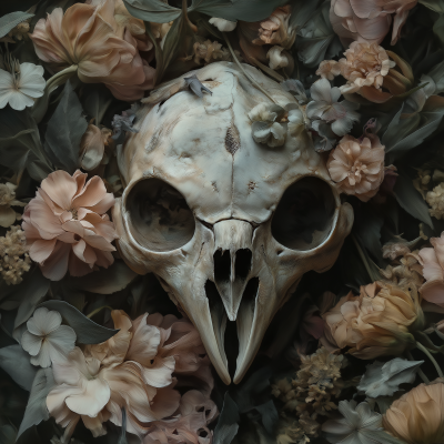 Owl Skull Among Flowers