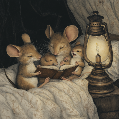 Vintage Mice Family Bedtime Story Illustration