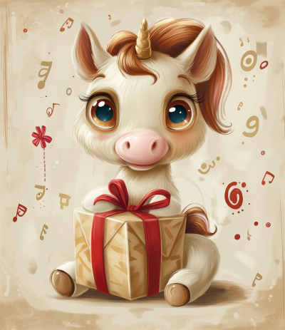 Cheerful Cartoon Horse with Gift