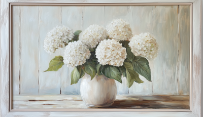 White Hydrangeas in Rustic Vase
