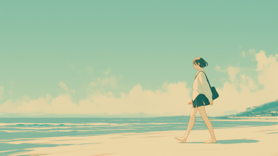 Japanese Girl Walking on the Beach