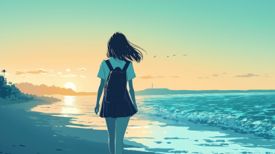 Anime Girl Walking by the Sea