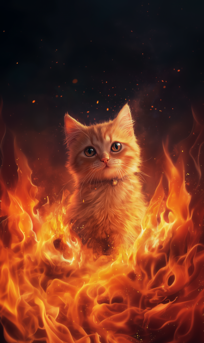 Cute Cat with Fiery Background