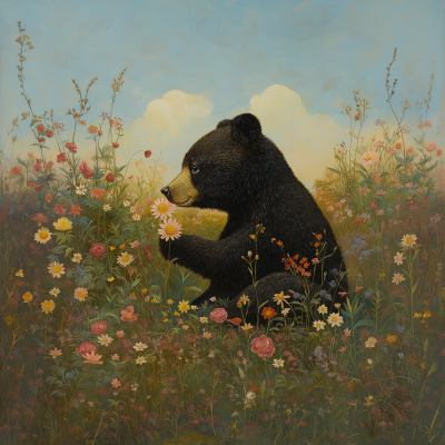 Peaceful Black Bear in Field of Flowers