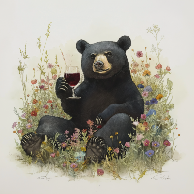 Minimalist Black Bear in Wild Flowers