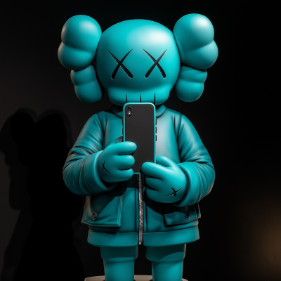 Giant Turquoise Kaws Holding a Phone