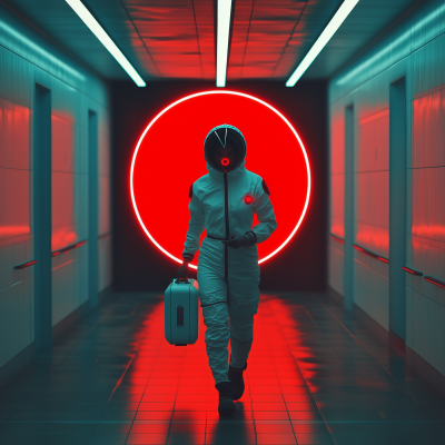 Red Neon Circle Hallway with Woman in Modern Hazmat Suit