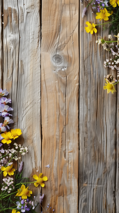 Vintage Wooden Wallpaper with Spring Flowers