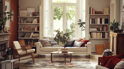 Modern Front Room with Shelving