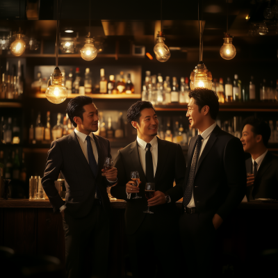 Japanese Men and Women in Suits at Whisky Bar