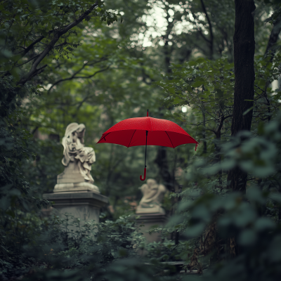 Red Umbrella in the Garden