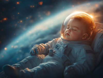 Newborn Baby Boy in Astronaut Suit in Space