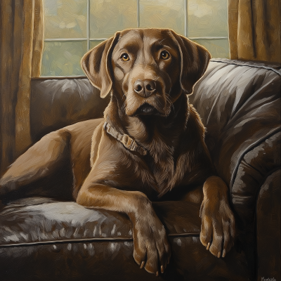 Chocolate Labrador Retriever Dog on Leather Sofa