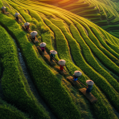 Harvesting Rice in Fields