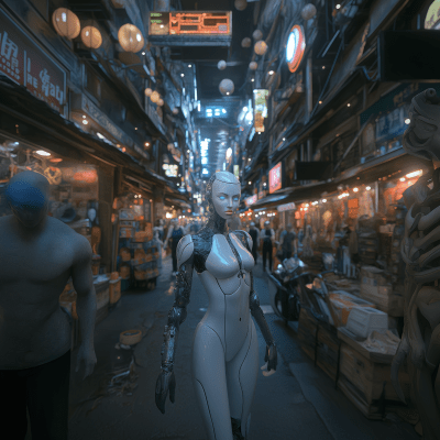 Futuristic Android in a City Market