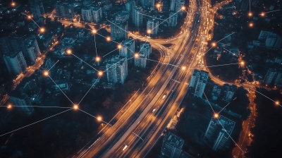 Aerial View of Modern City with Communication Network