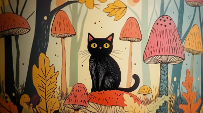 Autumn Mushrooms and Black Cat