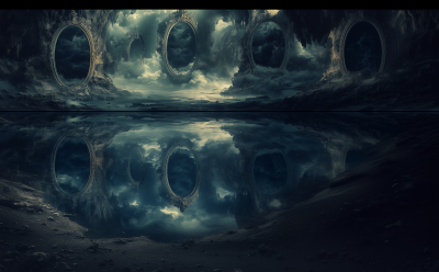 Surreal Dark Landscape with Mirrors