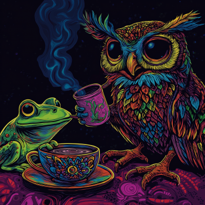 Neon Retro Pop Owl and Frog