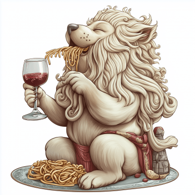 Shisa enjoying spaghetti and wine