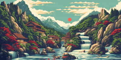 Retro Game Background with Japanese Village