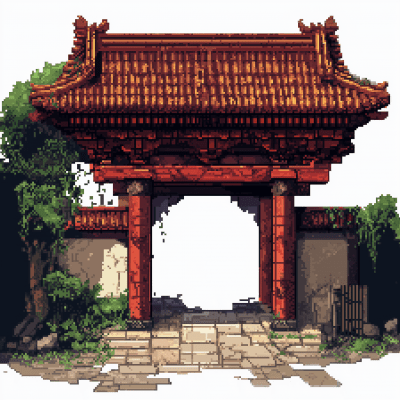 Pixelated temple in a street fighter game style