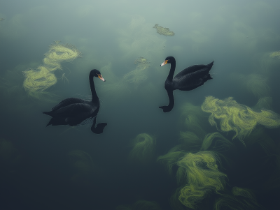 Black Swans in Foggy Lake