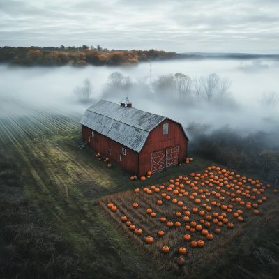 Foggy Barn and Pumpkin Field