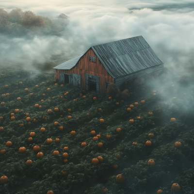 Foggy Barn and Pumpkins