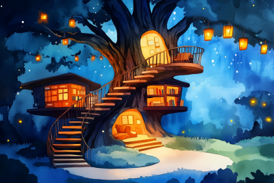 Watercolor Treehouse Library