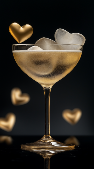 Golden Cocktail Glass with Heart Ice Cubes