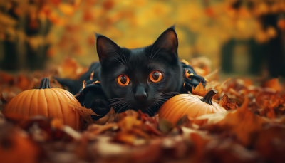 Playful Black Cat in Halloween Costume