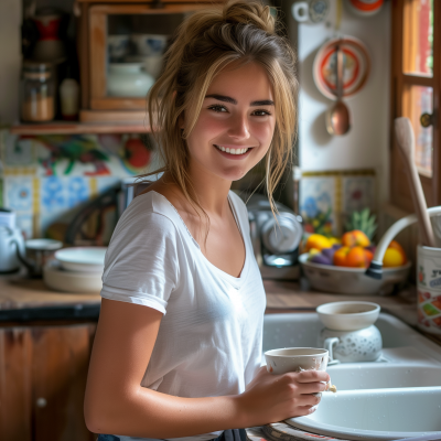 Smiling Mediterranean Woman in Kitchen