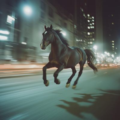 Giant Horse Galloping Through City Street