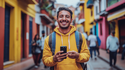 Happy Colombian on a Modern Street