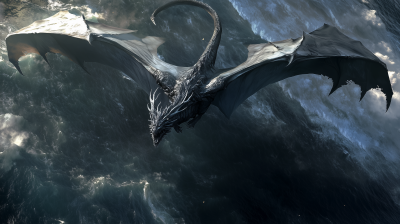 Aerial view of a silver dragon over the ocean