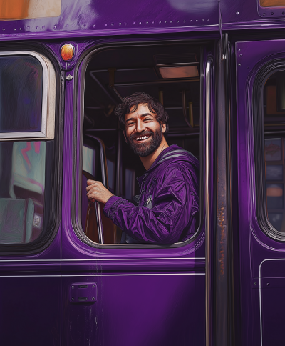 Smiling Man Boarding Bus