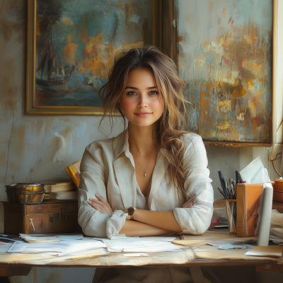 Smiling Young Woman at Desk