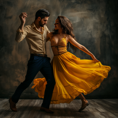 Salsa Dancing Couple in Yellow Dress