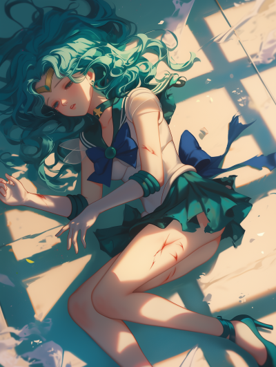 Dying Sailor Neptune in Anime Art Style