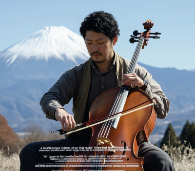 Asian man playing the cello in the snow