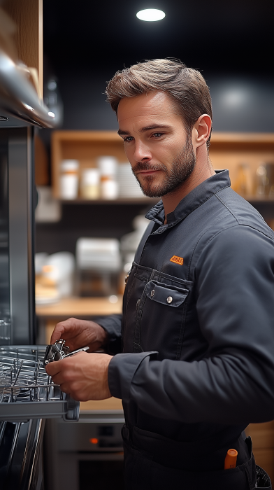 Technician repairing a dishwasher