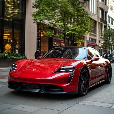 Red Porsche Taycan on Street