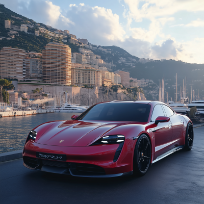 Red Porsche Taycan in Monaco